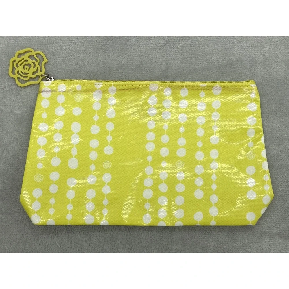 Lancome Makeup Bag Yellow White Dot Cosmetic Pouch Rose Zipper Large